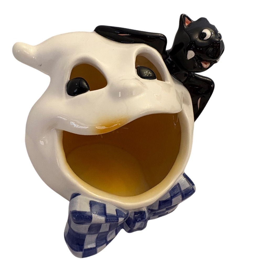 Vintage Halloween Ghost‎ Candy Dish Bowl Black Cat Bowtie Spooky Decoration